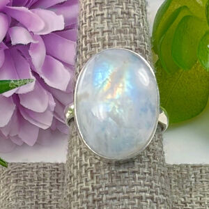 Pure Sterling Silver 925 Rainbow Moonstone Ring Size 9 Oval Boho Southwest New